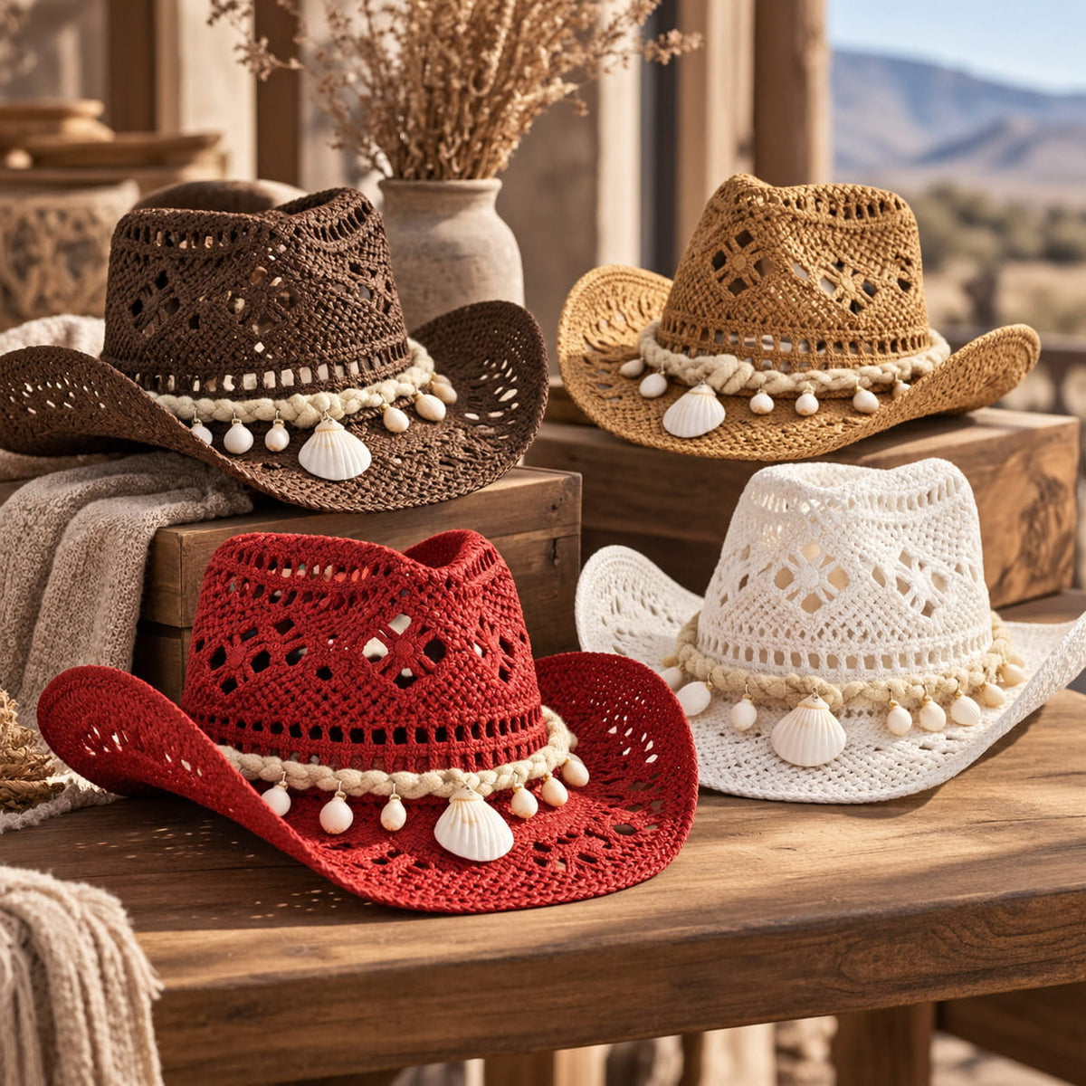 Cowboy Hat – Woven Straw, Shell-Trim Style