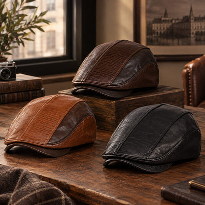 Flat Cap – Leather Splice, Croc-Textured Edge