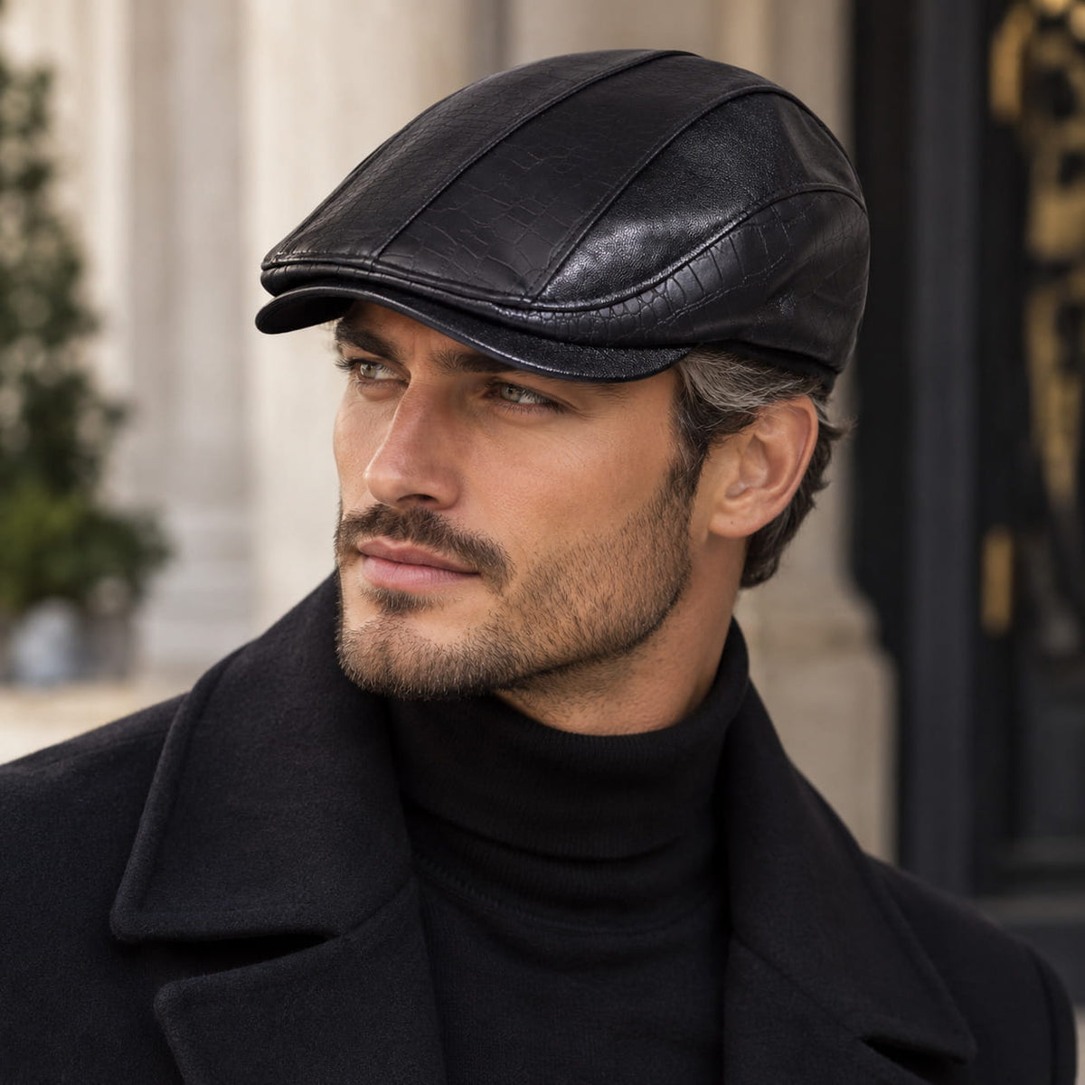 Flat Cap – Leather Splice, Croc-Textured Edge