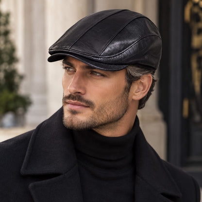 Flat Cap – Leather Splice, Croc-Textured Edge