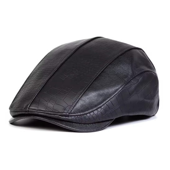 Flat Cap – Leather Splice, Croc-Textured Edge