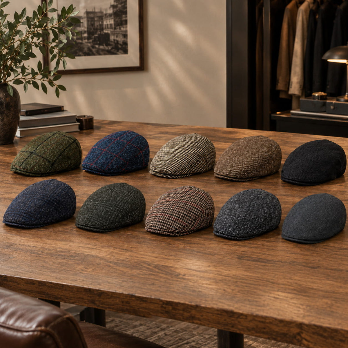 Flat Cap – Wool Blend Plaid Herringbone