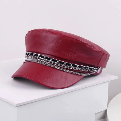Leather Sailor Cap – With Double Chain And Structured Visor