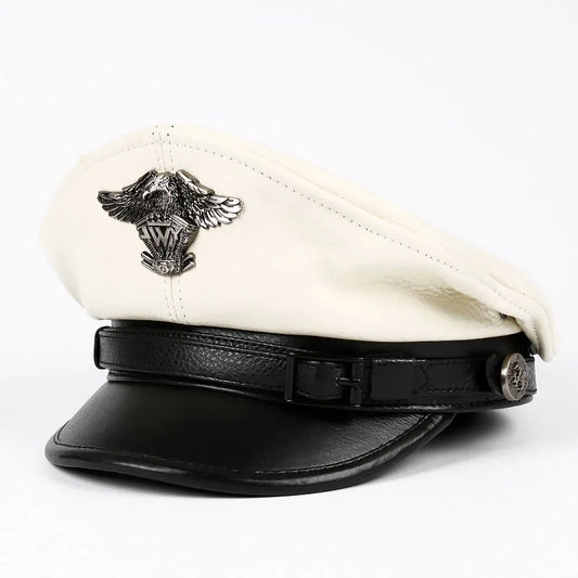 Leather Sailor Cap – Statement Badge & Structured Visor