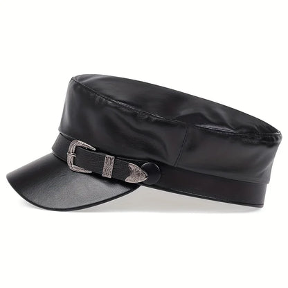 Faux Leather Sailor Cap – Flat Top With Western Buckle Detail