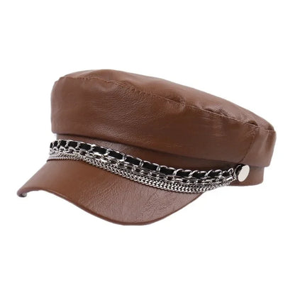 Leather Sailor Cap – With Double Chain And Structured Visor