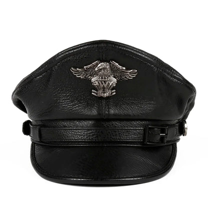 Leather Sailor Cap – Statement Badge & Structured Visor