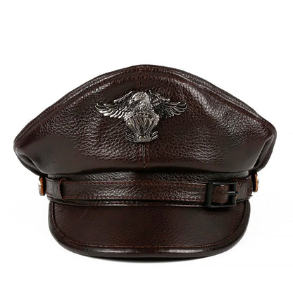 Leather Sailor Cap – Statement Badge & Structured Visor