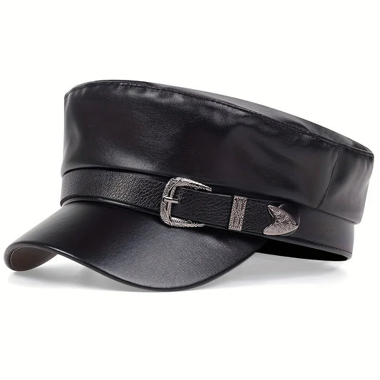Faux Leather Sailor Cap – Flat Top With Western Buckle Detail
