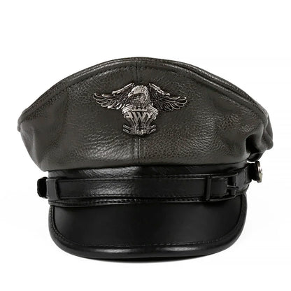 Leather Sailor Cap – Statement Badge & Structured Visor