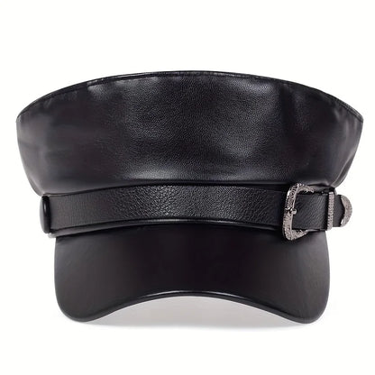 Faux Leather Sailor Cap – Flat Top With Western Buckle Detail
