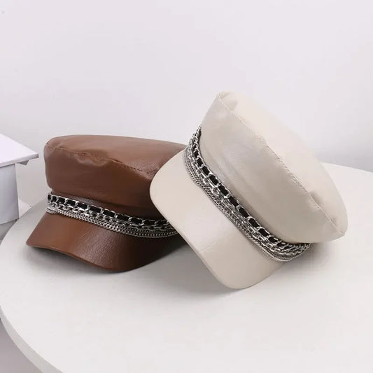 Leather Sailor Cap – With Double Chain And Structured Visor