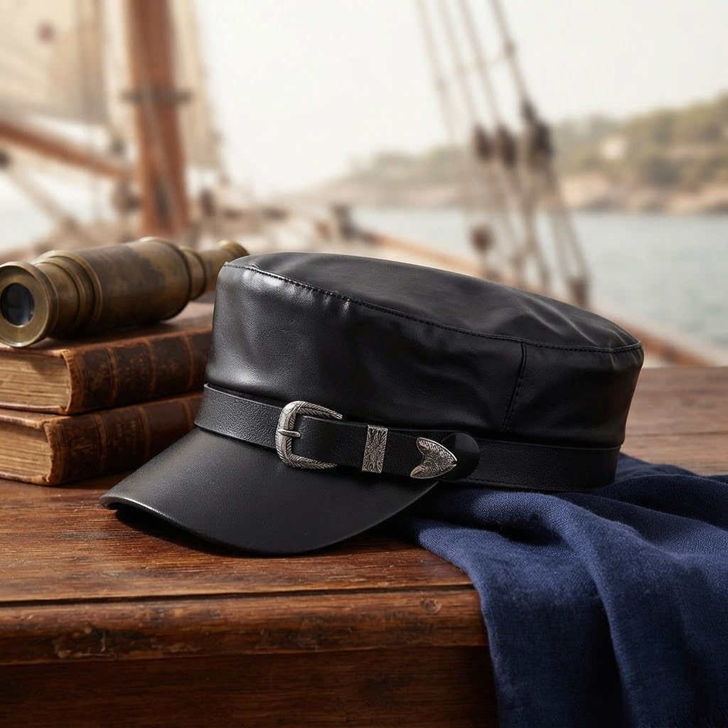 Faux Leather Sailor Cap – Flat Top With Western Buckle Detail