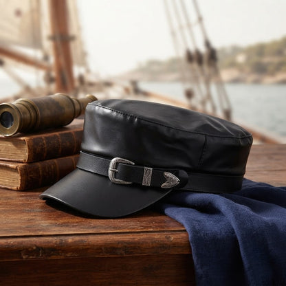 Faux Leather Sailor Cap – Flat Top With Western Buckle Detail