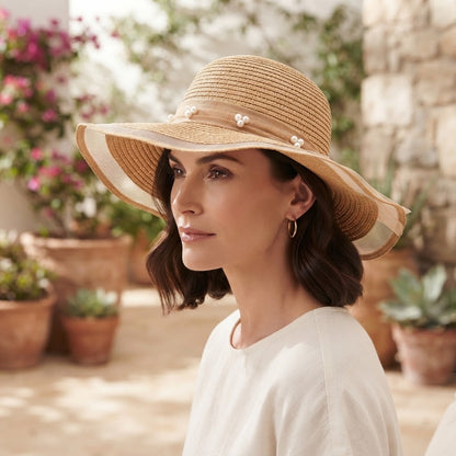 Straw Hat With Wavy Brim And Pearl Details